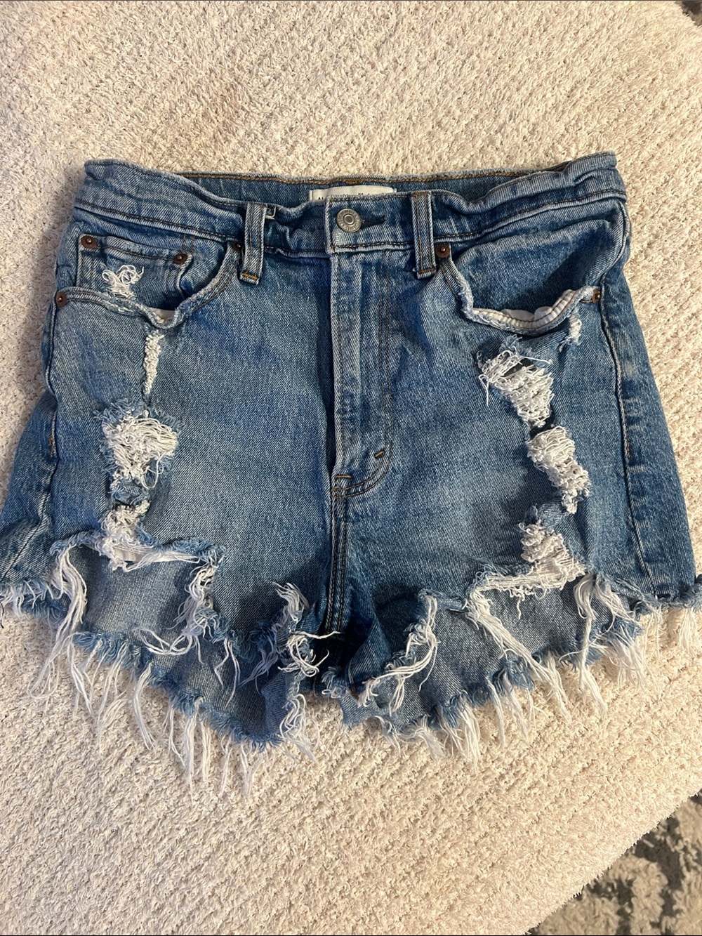 Abercrombie & Fitch Distressed High-Rise Denim Shorts - Blue